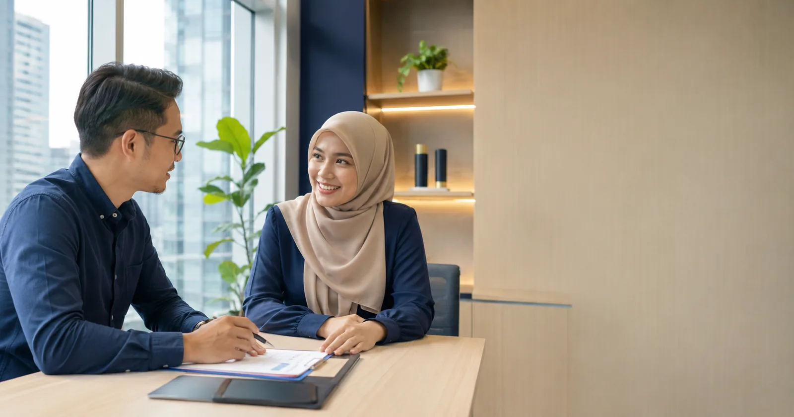 Pegawai Easy Glory Enterprise berbincang dengan pelanggan di pejabat Kuala Lumpur